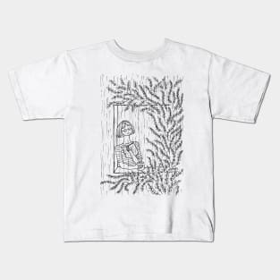 GIRL NEAR WINDOW TREE WITH A BOOK AND COFFEE ENJOYING RAIN Kids T-Shirt